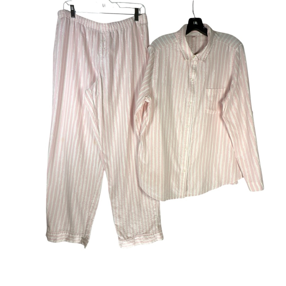 Victoria’s Secret Iconic 2014 Pink Striped Metallic Shimmer Pajama Set LARGE EUC